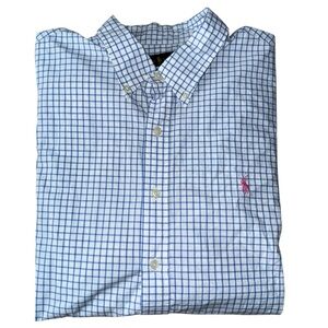 Ralph Lauren Men's White and Blue Grid Button-Up Shirt Size XXL